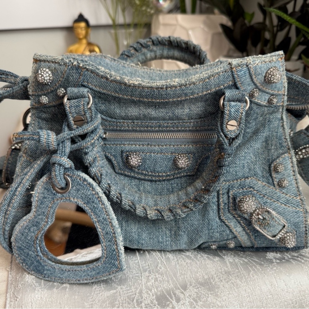 Balenciaga Blue Denim XS Crystals Neo Cagole Bag
